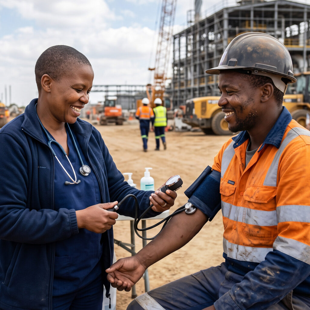Healthcare professional checking a construction worker’s blood pressure on site
