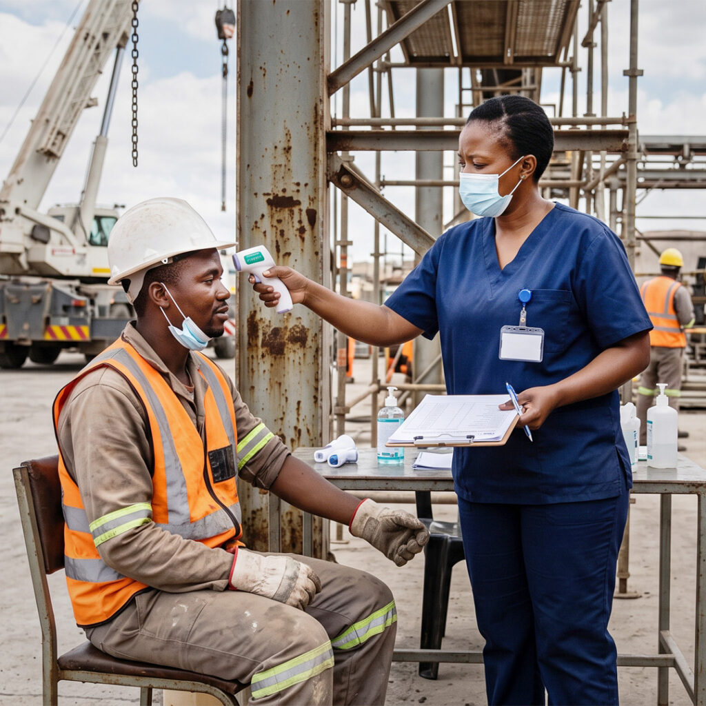 Healthcare professional conducting a health check with a worker at an industrial port yard