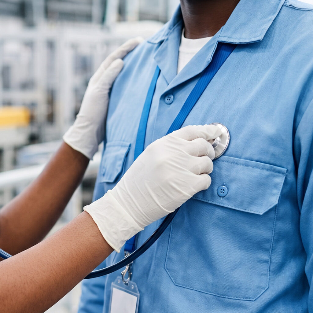 Industrial worker having their heart rate monitored during an occupational health assessment