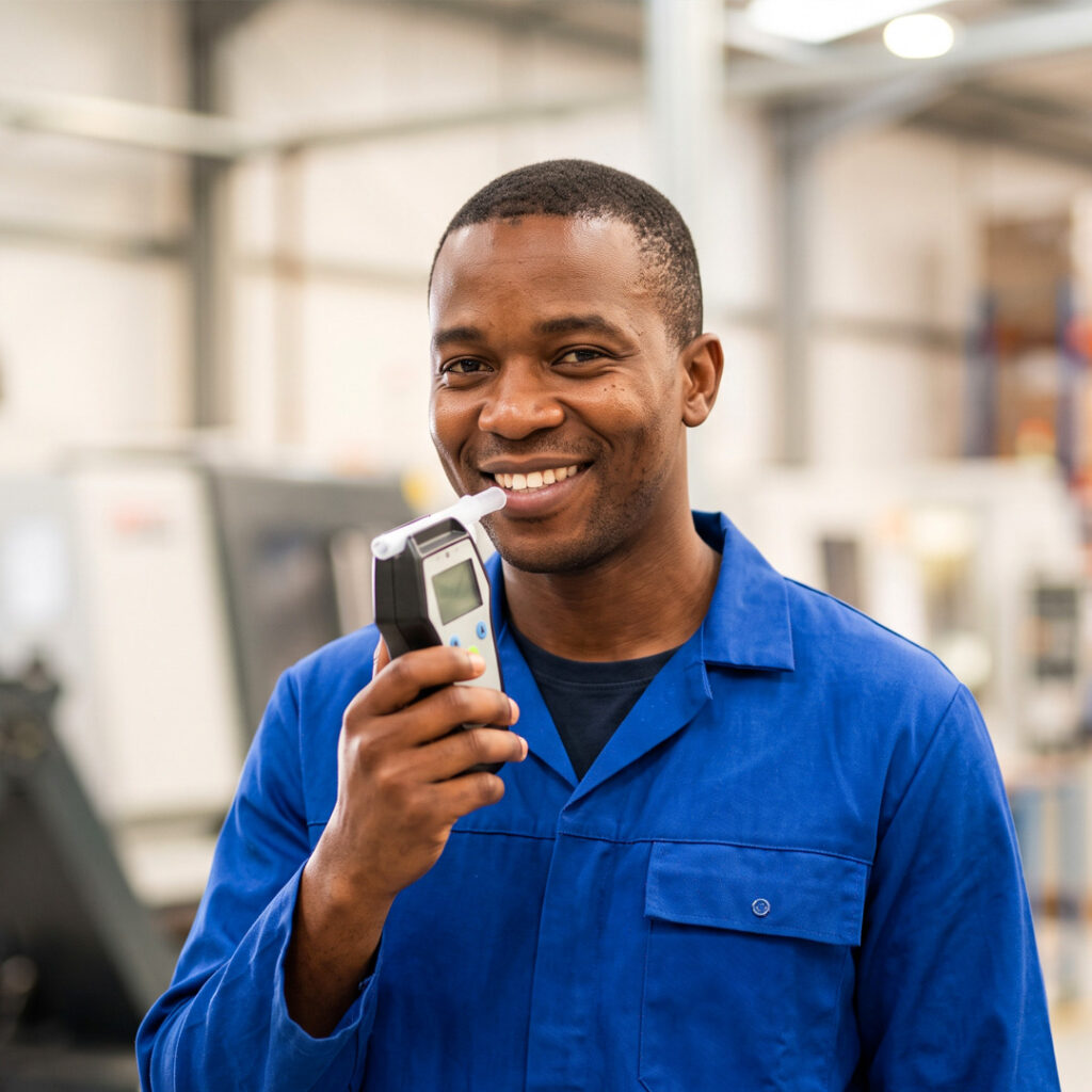 Employee completing a workplace alcohol test using a breathalyser