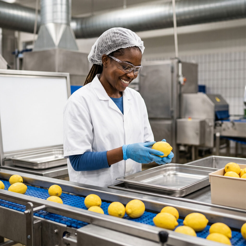 Food production worker wearing protective hygiene clothing in a processing facility
