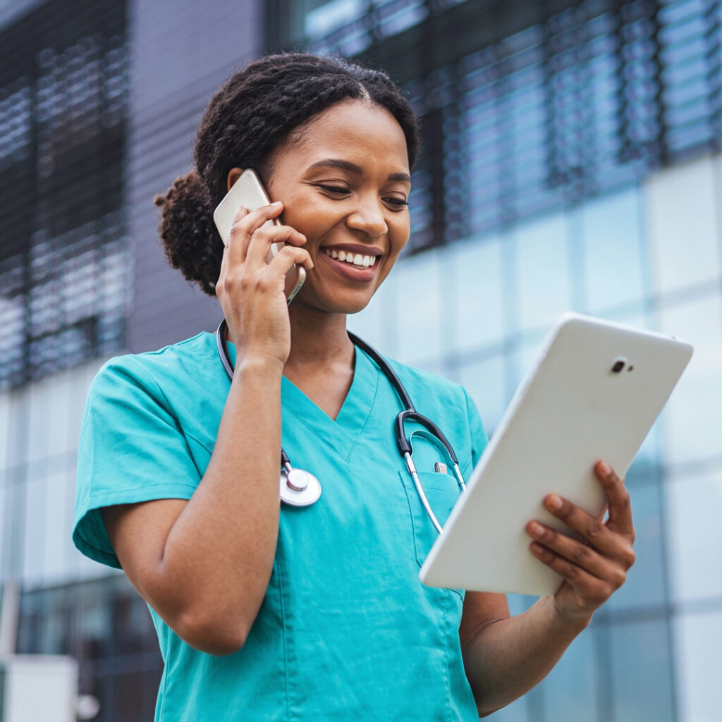 Occupational health nurse speaking on the phone at a clinic desk