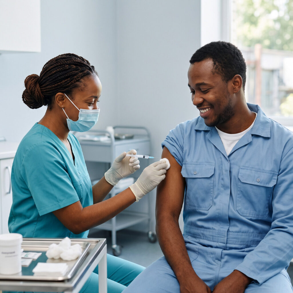 Healthcare professional administering an occupational vaccination to an employee