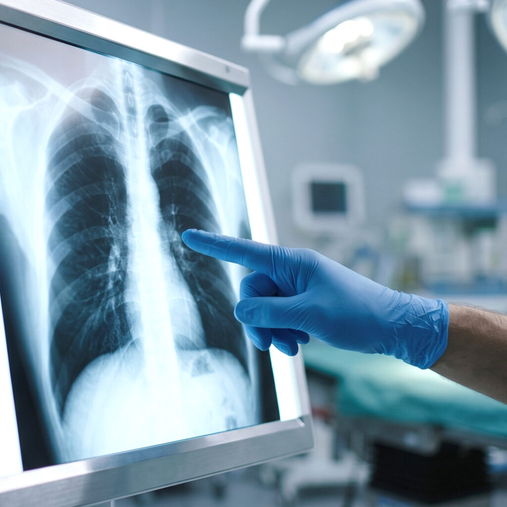 Chest X-ray showing the ribcage and lungs for occupational health screening